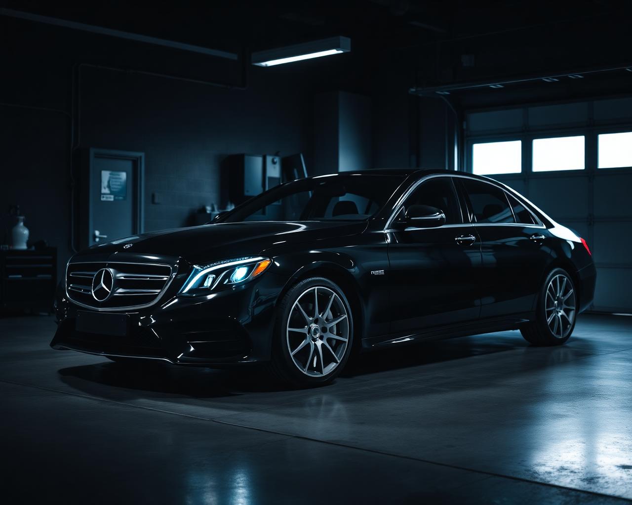 Black luxury sedan in service bay