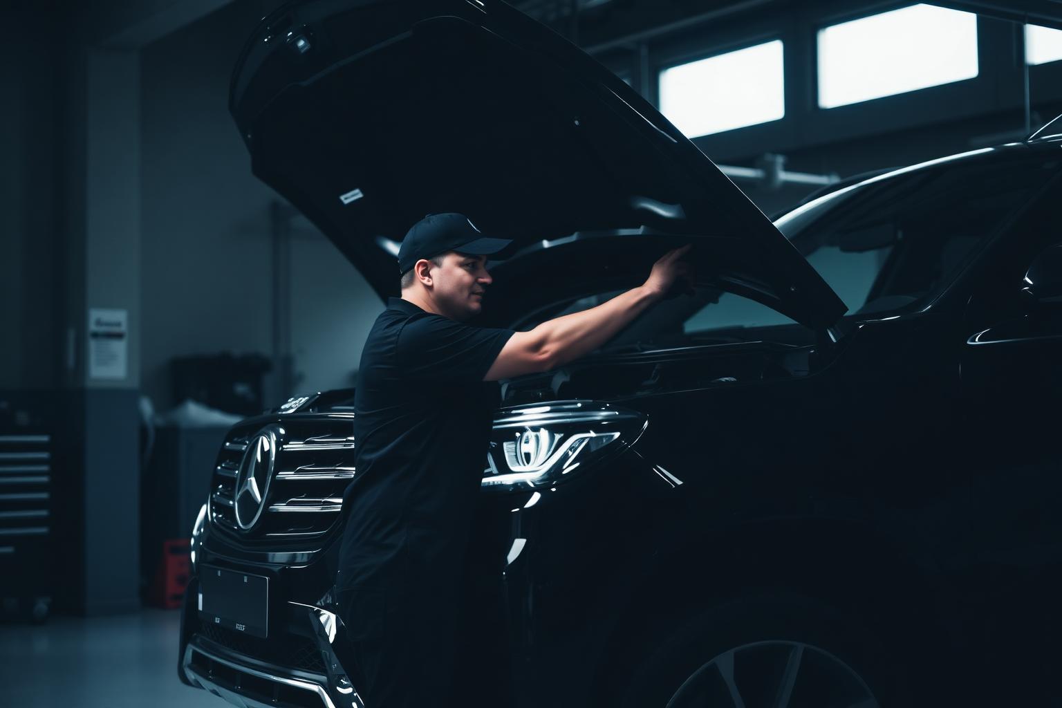 Mechanic working on luxury vehicle